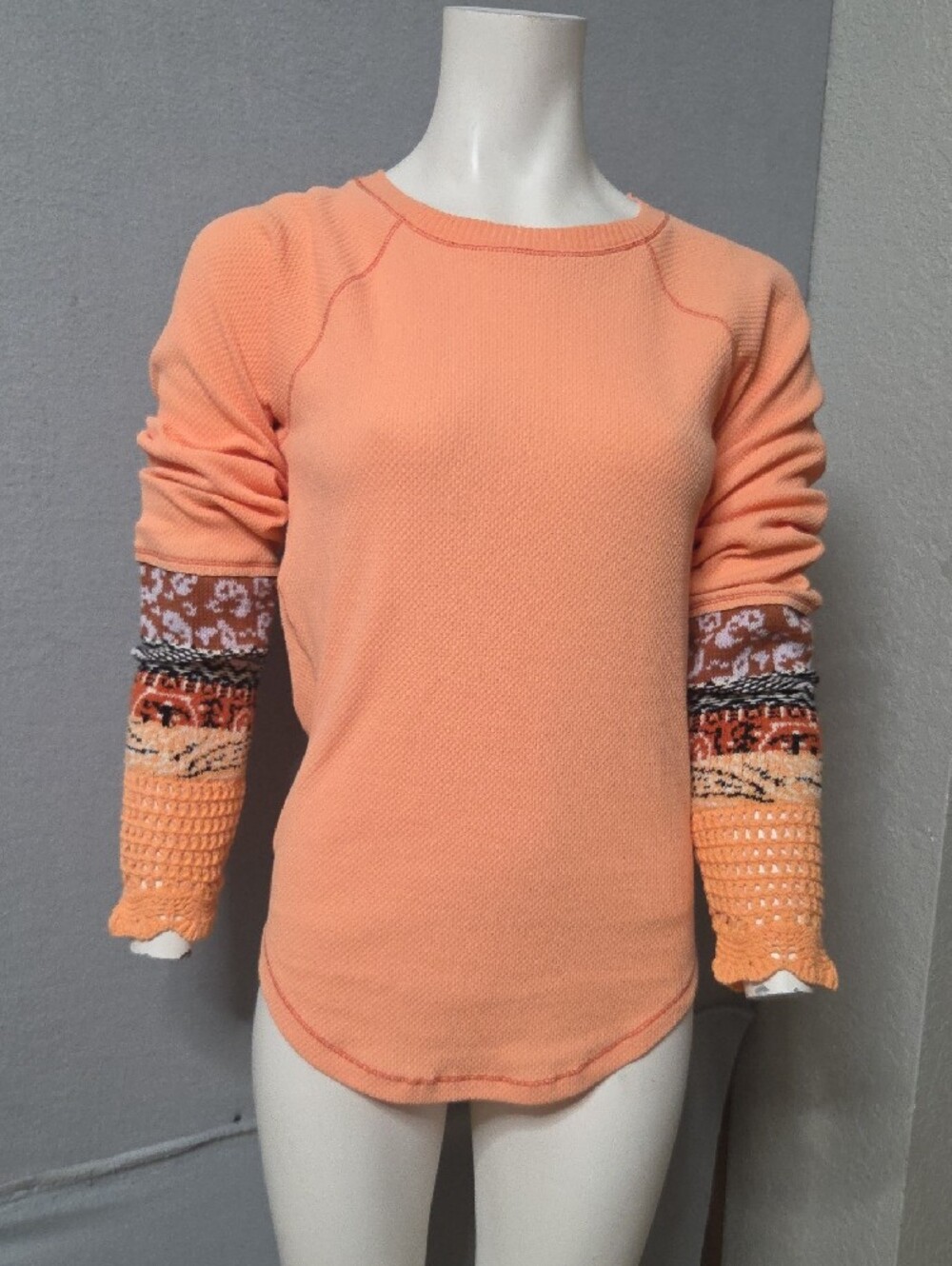 Free People Peach Crewneck Sweatshirt with Patterned Crochet Cuffs - Picture 2 of 8